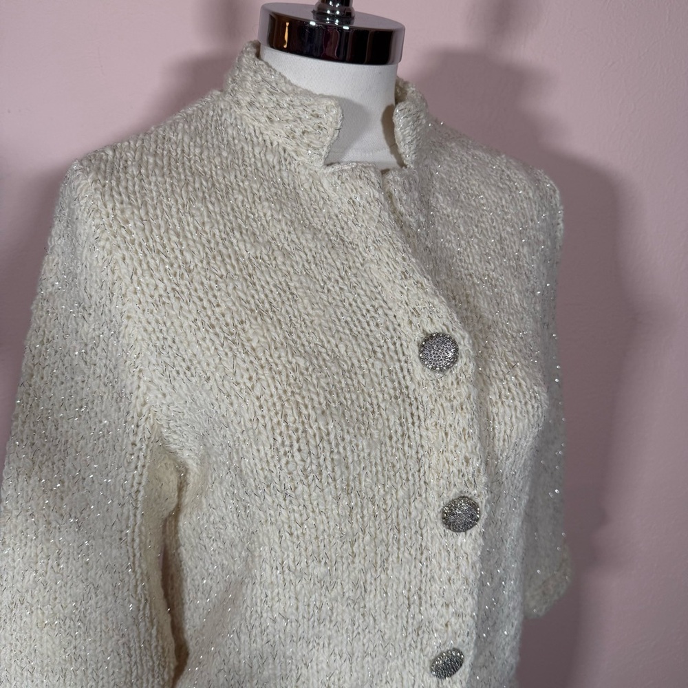 Vintage 1940 50 Retro Deco Cream wool Silver Metallic Cardigan sweater Jacket - Picture 10 of 17